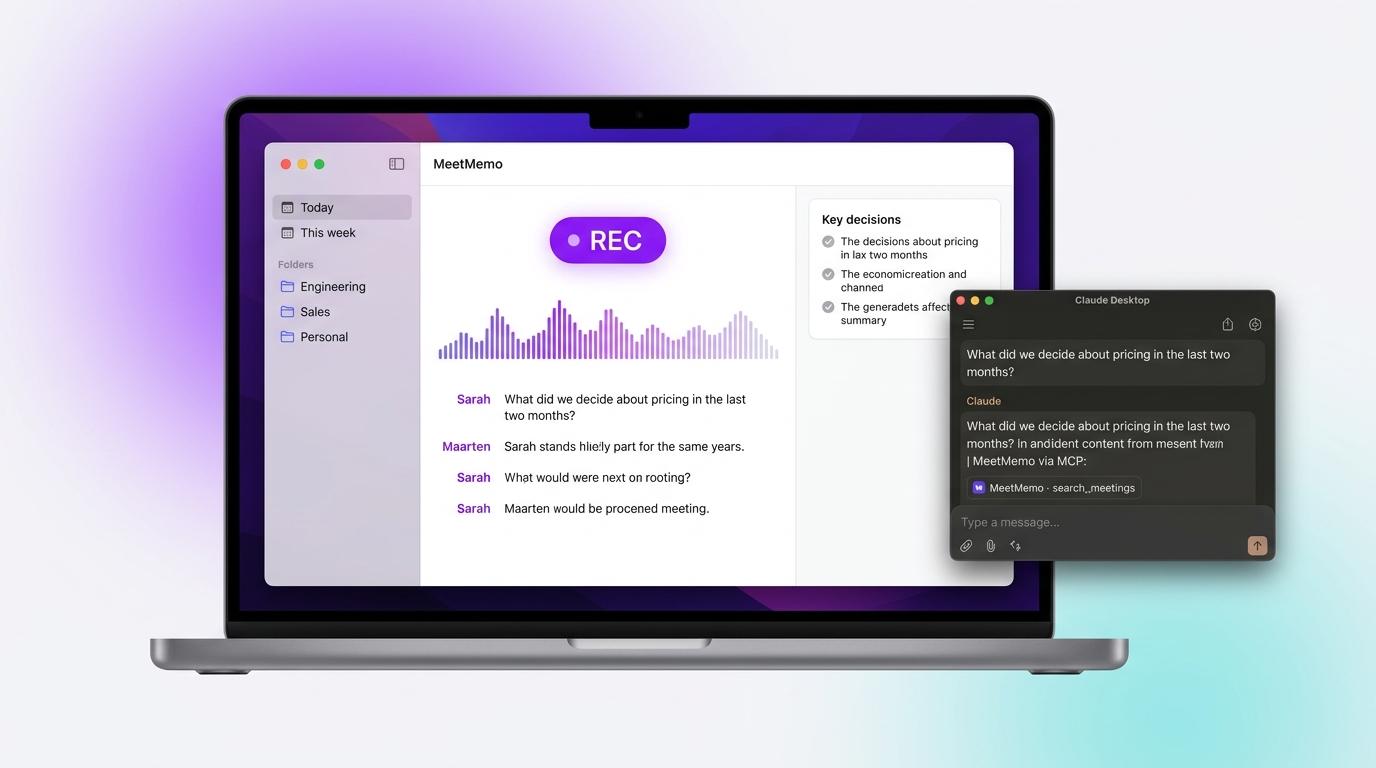 MeetMemo recording a meeting on a MacBook with Claude Desktop pulling context via MCP